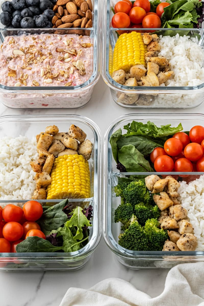 Four meal prep containers filled with balanced high protein meals for the week
